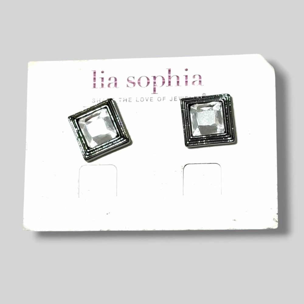 Lia Sophia Shadow Box Silver Square Crystal Post Earrings New